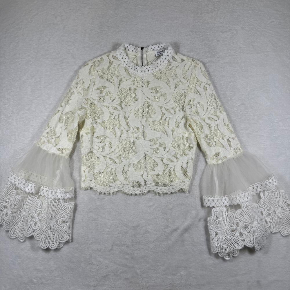 Mango Ivory White Floral Lace Bell Sleeve Mock Neck Crop Top M-1080 Womens Small